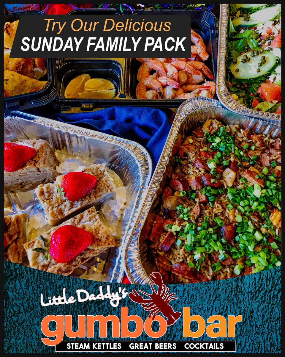 A taste of New Orleans! Sunday’s To-Go Family Pack; Chicken and Sausage Jambalaya, Family-Style Shrimp Cocktail, Greek Salad, Garlic Bread, and scrumptious Bread Pudding for dessert. Available for pick-up only for $49.

Call – 281.52.GUMBO (48626)