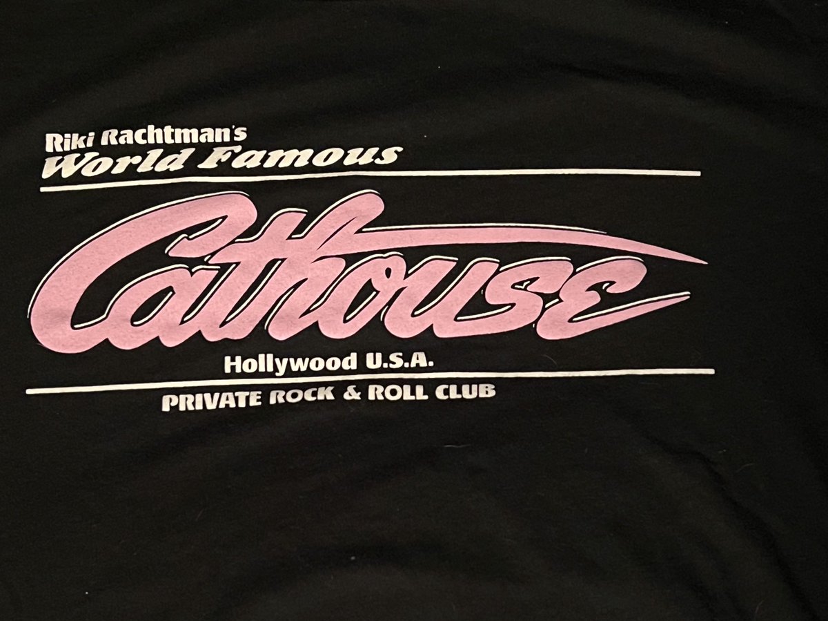 New rock tee time, #292. The last of the shirts I got at ⁦@RikiRachtman⁩ OFITG show in Dallas. It’s the famous Cathouse shirt commemorating the private rock club. Lots of great stories told by Riki about this place.