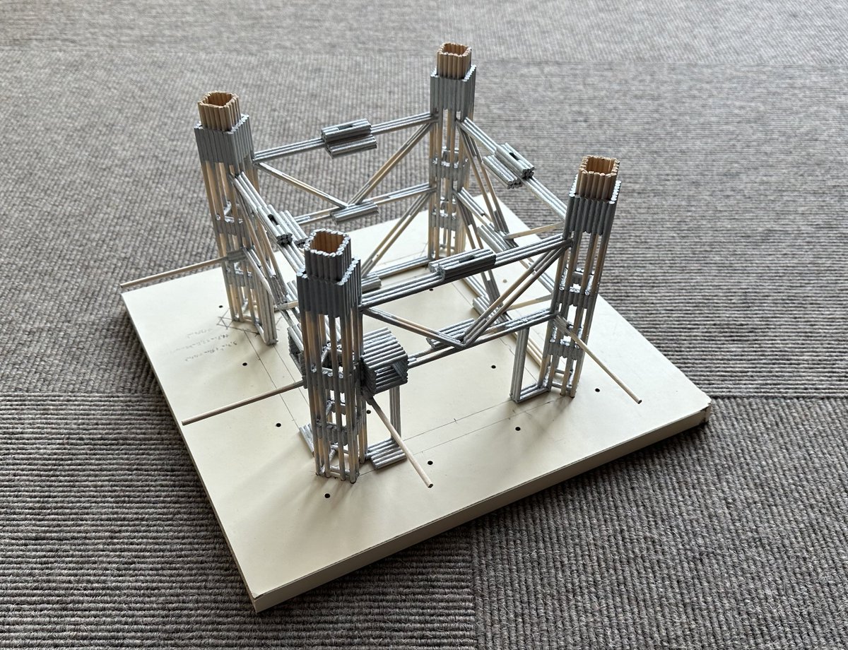 StarChopsticks's tweet photo. The base foundation is poured out of hobby concrete. It is around 4 kg in weight. I have built a shuttering and the inner skeleton is of course out of chopsticks #Mechazilla #Starship @SpaceX https://t.co/nCQrhDcQmn