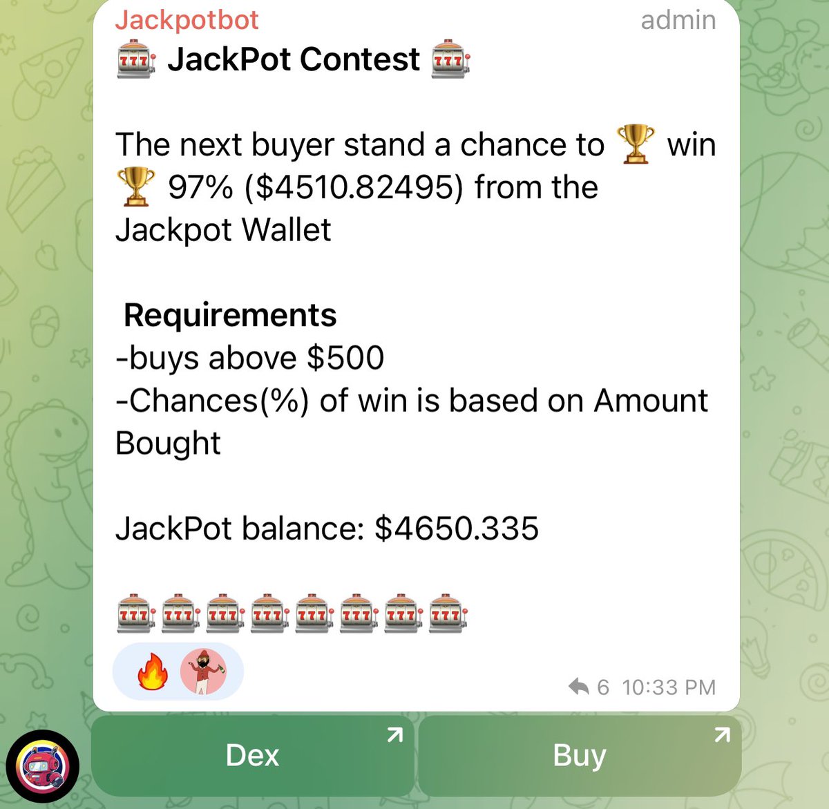 Jackpotercbot's tweet photo. 🎰 JackPot Contest 🎰 $JPOT

The next buyer stand a chance to 🏆 win 🏆 97% ($4510.82495) from the Jackpot Wallet

 Requirements
-buys above $500
-Chances(%) of win is based on Amount Bought 

JackPot balance: $4650.335

🎰🎰🎰🎰🎰🎰🎰🎰 https://t.co/HKZdW5zrni