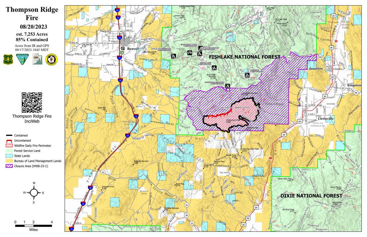 UtahWildfire's tweet photo. #ThompsonRidgeFire Update Aug. 20, 2023
7,253 acres and 85% contained. With a few days of strong work through difficult conditions, the firefighters have achieved 85% containment. Management of the fire will be turned over to the local unit Tuesday morning.
@FishlakeNF https://t.co/KA73mslcbi