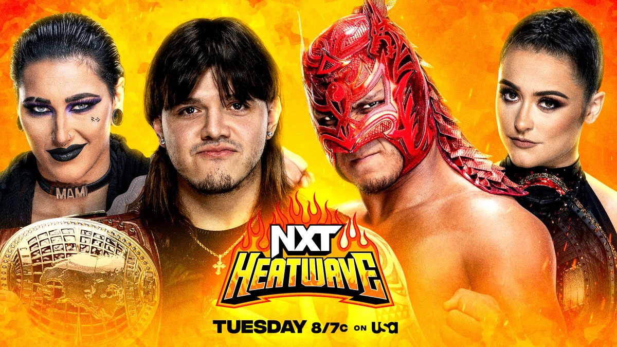 WWENXT's tweet photo. THIS TUESDAY at #NXTHeatwave

🙌 @Carmelo_WWE defends his #NXTChampionship against @WesLee_WWE 
⚖️ @RheaRipley_WWE &amp; @DomMysterio35 face @dragonlee95 &amp; @Real_Valkyria in a Mixed Tag Team Match
😤 @UNBESIEGBAR_ZAR and @_trickwilliams will go to war

📺 8/7c on @USANetwork https://t.co/CISAKMO9zX