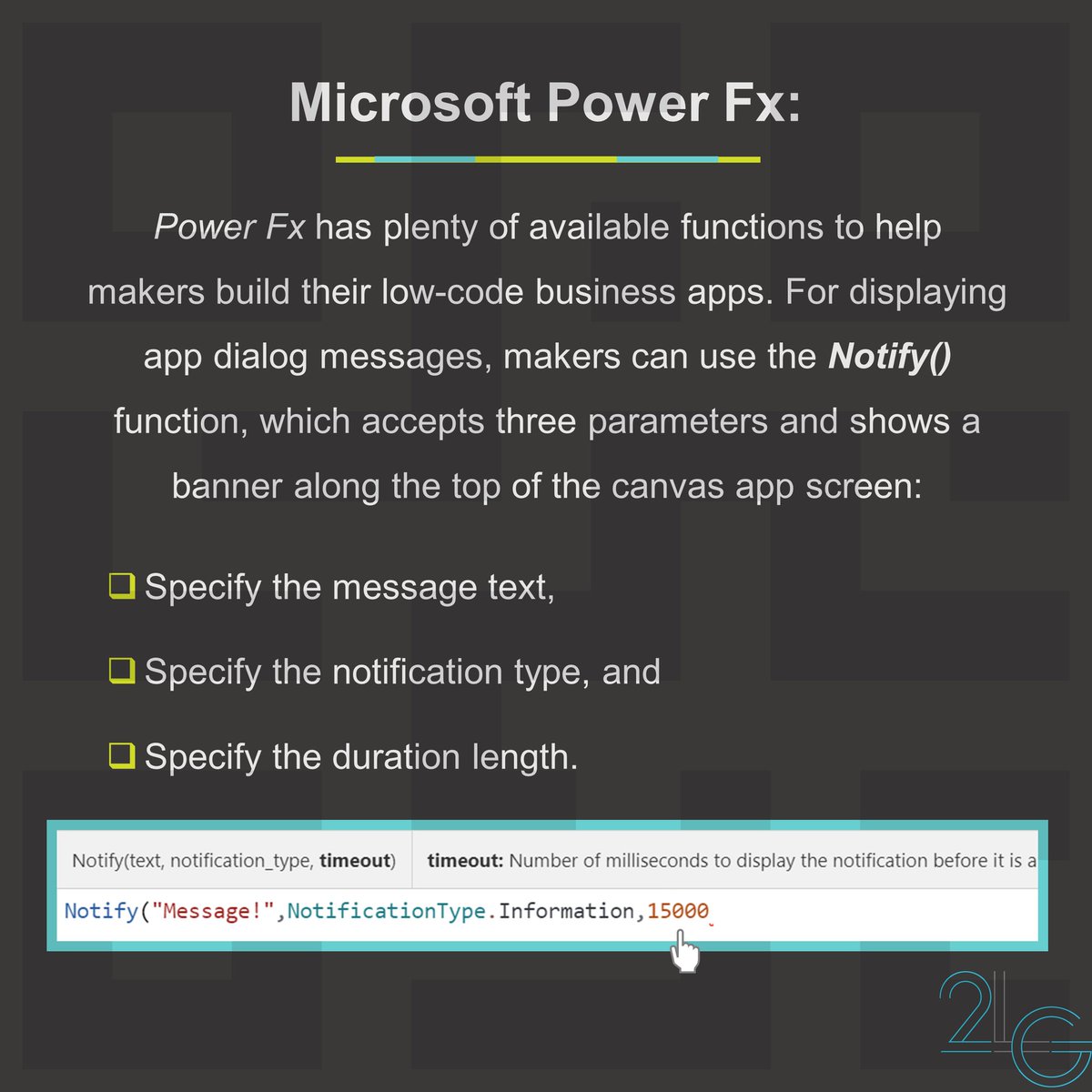 #Microsoft #PowerApps is used to build low-code business apps. 

To design the UX of their #CanvasApps, makers can use #PowerFx functions like Notify() to display app banner messages.

These messages can specify success, error, information, or warning.