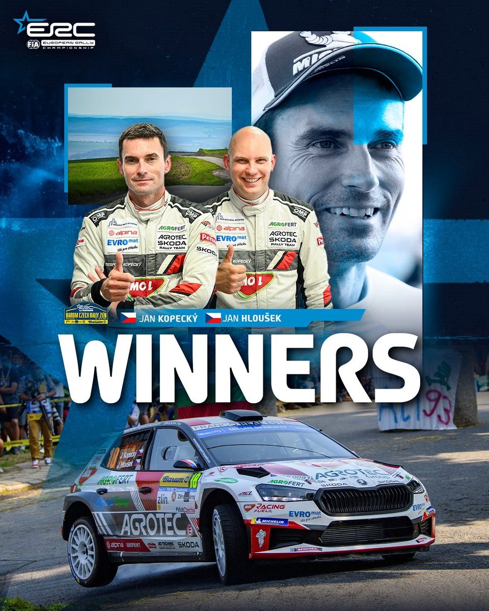 _SoloRally's tweet photo. 👑Jan Kopecky, KING OF BARUM!
El piloto de Skoda vence en la mítica prueba checa por ONCEAVA vez!
La de Kopecky y Hlousek supone la sexta victoria distinta en las 7 pruebas disputadas del ERC en la presente temporada.
#BarumRally #FIAERC #SoloRally https://t.co/iG2ZSOlwpc