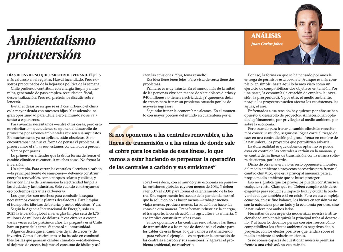 javiparada's tweet image. "Ambientalismo proinversión", por @JCJobet. ''Si nos oponemos a las centrales renovables, a las líneas de transmisión o a las minas de donde sale el cobre para los cables... lo que vamos a estar haciendo es perpetuar la operación de las centrales a carbón y sus emisiones”.