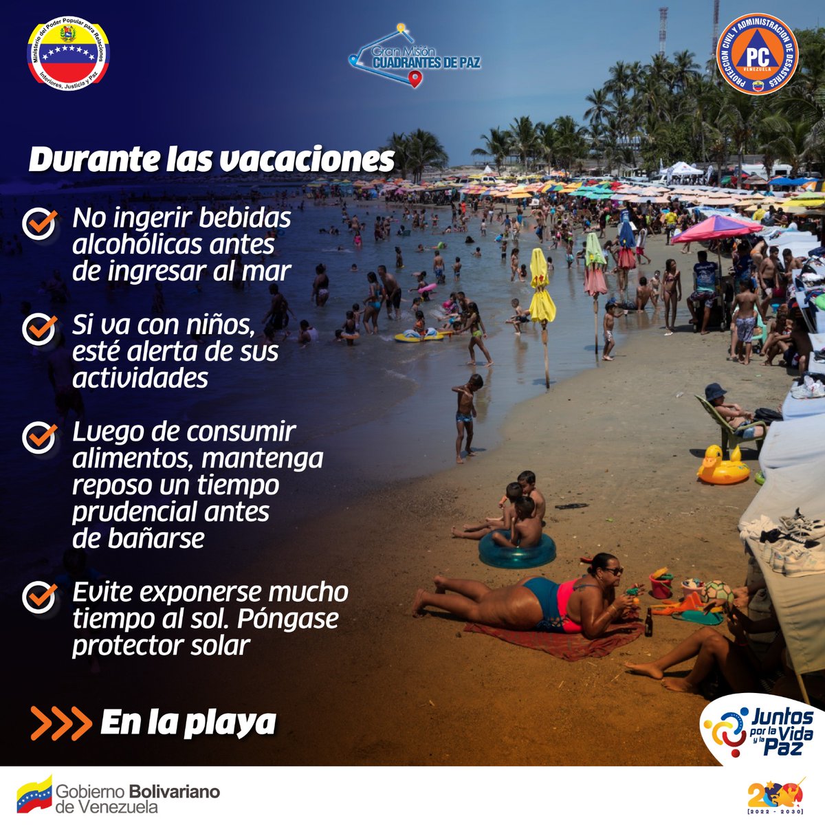 #20Ago | 🔸 Si se dirige a la playa, debe estar atento a las indicaciones de los cuerpos de seguridad, quienes trabajan por su bienestar.
¡Disfrute en familia! 
#JuntosPorLaVidaYLaPaz

#EstaEsNuestraCultura