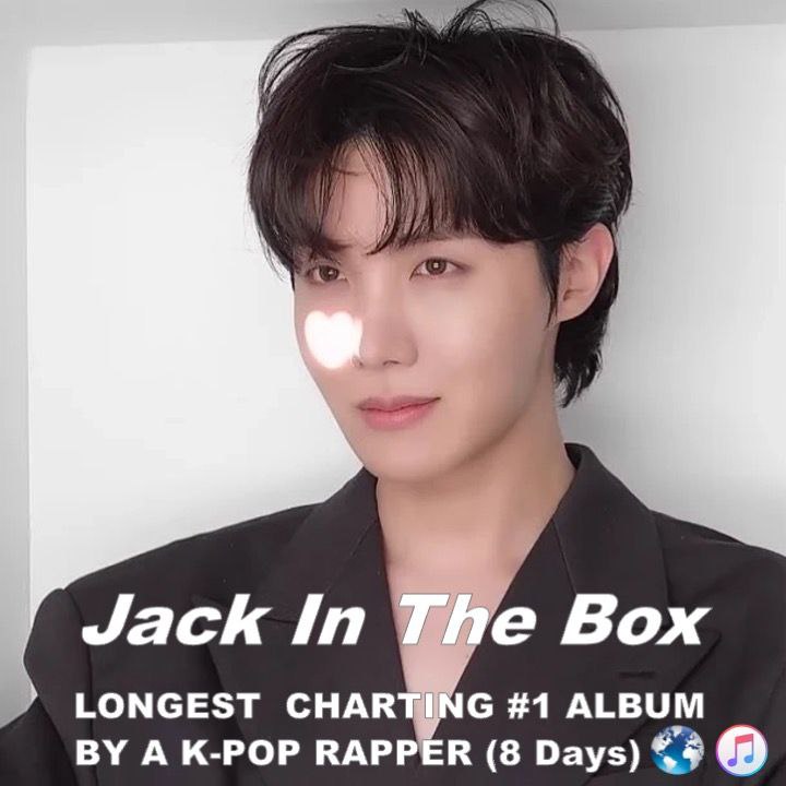 WORLD MUSIC AWARDS TWITTER UPDATE J-hope's 'Jack In The Box' breaks the record for Longest Charting #1 Album by a K-Pop Rapper in Worldwide iTunes History (8 Days)!💪🐐👑💗💙🖤