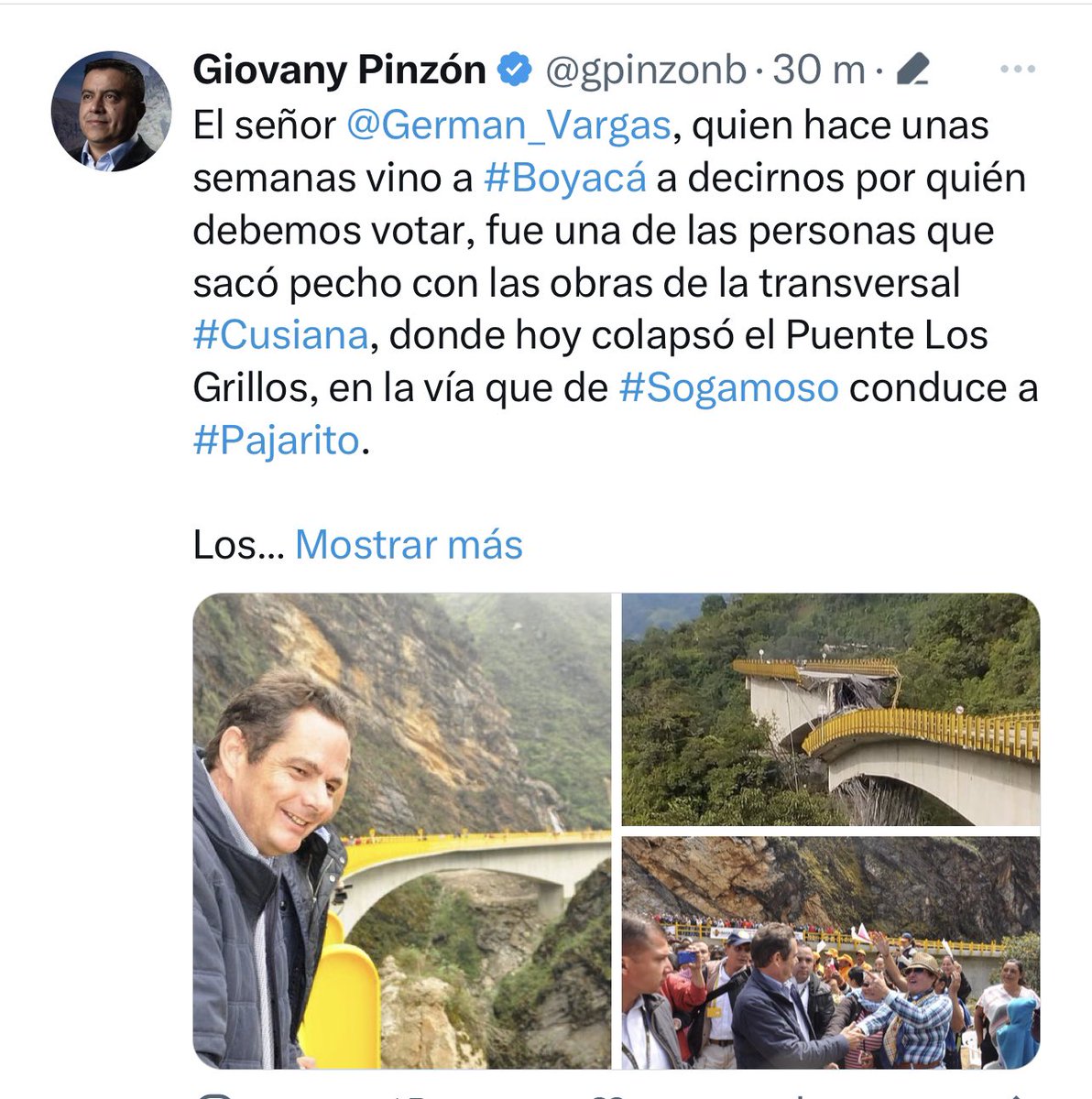boyaca_denuncia's tweet photo. #Denunciaciudadana @gpinzonb un político más que se alegra que se cayo el puente vía pajarito. Y le recordamos a los Boyacenses que este señor apoyó en campañas y mucho tiempo a @German_Vargas. La hipocresía en este señor no hay límite.

@boyacasietedias 
@ELDIARIOBOYACA https://t.co/pfNVfrqZs6