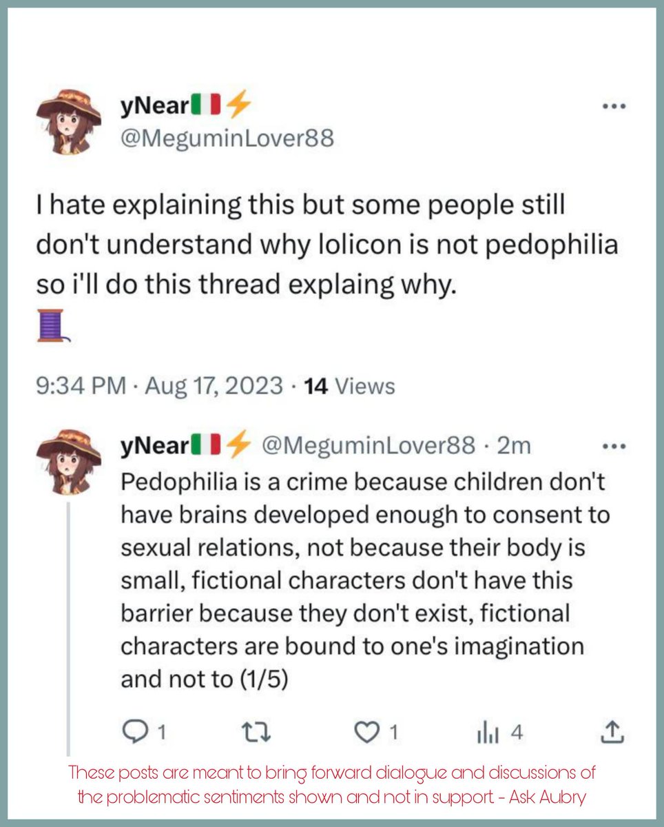 ask_aubry's tweet photo. Lolicon is normalizing the attraction to children's bodies. It's wrong, it's disgusting and it is EXACTLY what pedophiles want. https://t.co/C4wVTfLQFu