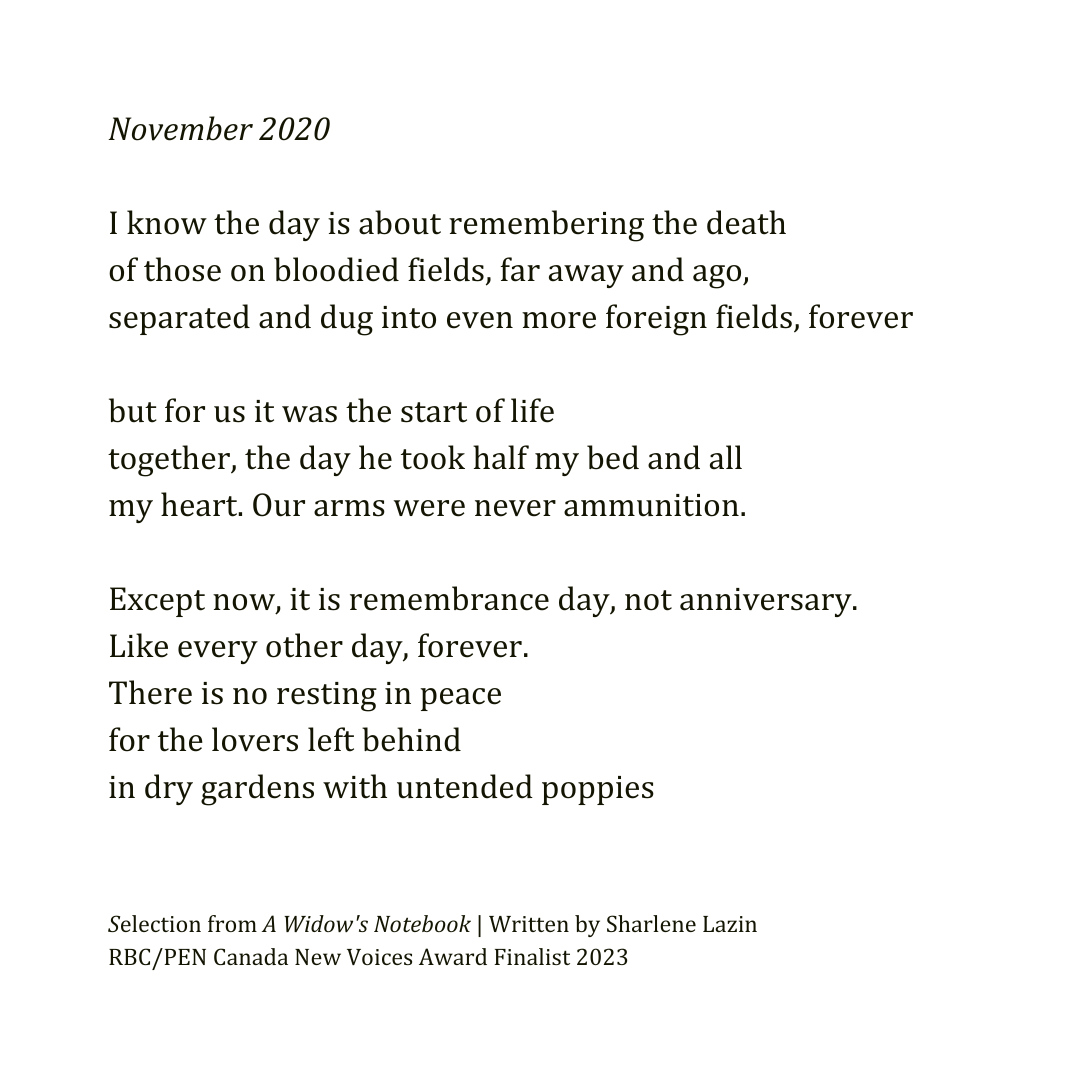 November 2020, from A Widow's Notebook, by Sharlene Lazin

#NewVoicesAward #RBCFoundation #RBCEmergingArtistsProgram #CanadianPoet #CanadianPoetry #CanadaWrites #CanadianAuthor #SharleneLazin