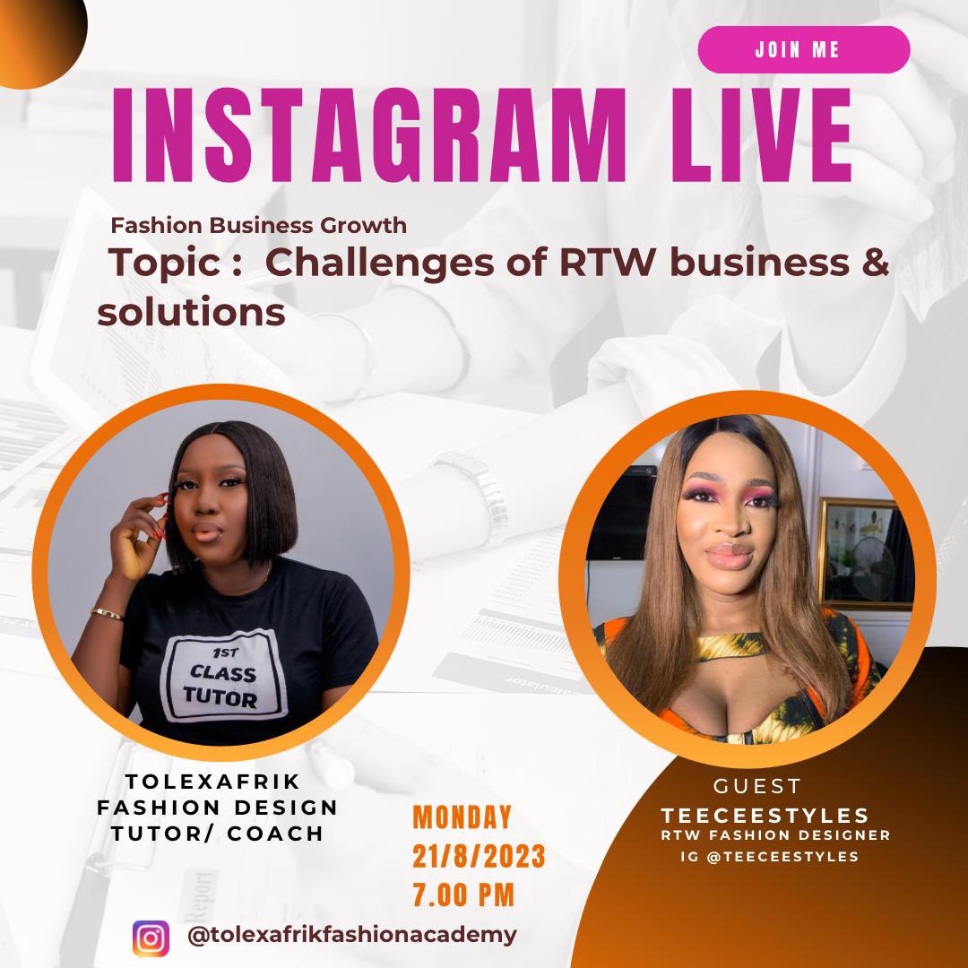 teeceestyles's tweet photo. Let us discuss how to navigate strength and weakness of ready to wear business in nigeria👌 

Join us 7pm tomorrow🥂 @tolexafrikfashionacademy all hails my first class coach🙌 https://t.co/qZfXEmv0gd