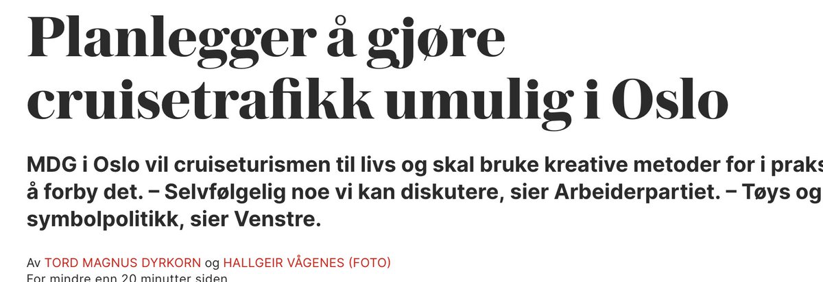 MDG vil bruke arealet avsatt til cruisebåter til bedre formål i Oslo.  

Høyre vil at kommunen skal bruke penger på en potensiell elflyrute til Kristiansand.  Jeg er ganske trygg på at det sistnevnte er symbolpolitikk, mens det første ikke er det.

vg.no/nyheter/innenr…