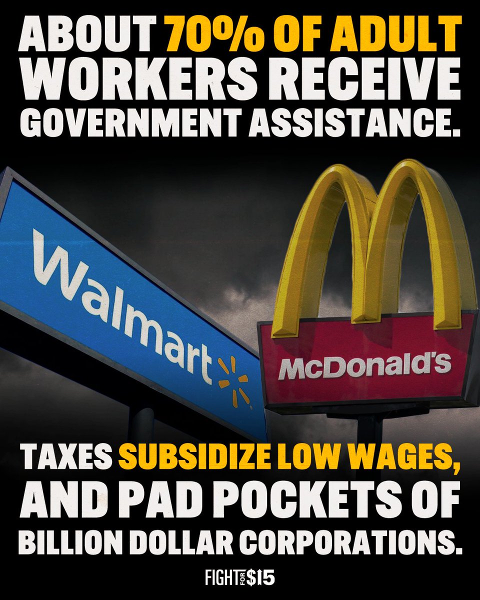 FightForAUnion's tweet photo. How can @McDonalds and @Walmart get away with paying so little? Simple. They rely on the government subsidizing their low wages with assistance programs like SNAP.

These big corporations need to pay their fair share.

#RaiseTheWage https://t.co/fiimqJXJkJ