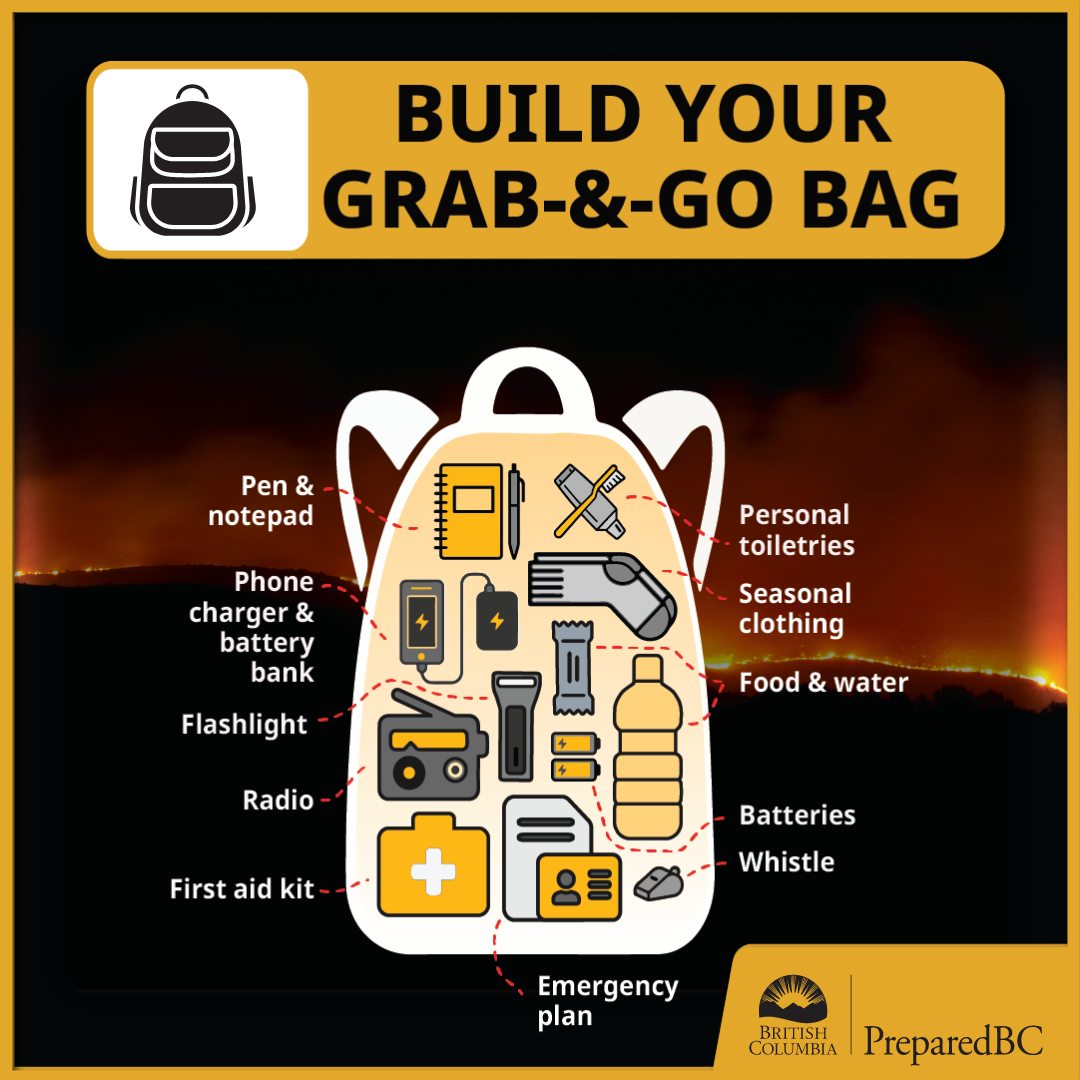If #BCWildfire threatens your home, you may need to leave quickly. Build grab-and-go bags NOW for each family member to be prepared for any emergency. 

See the full recommended list from <a href="/PreparedBC/">PreparedBC</a> here: bit.ly/3E90E7H

Follow <a href="/EmergencyInfoBC/">EmergencyInfoBC</a> for emergency info.