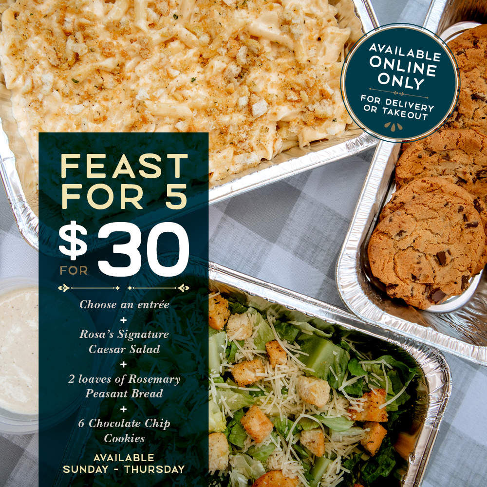 Nothing tastes better than not having to cook. Order our Feast for Five and choose an entrée, served with Caesar Salad, Rosemary Peasant Bread, and Cookies for dessert, all portioned to feed up to five people. Order online for takeout or delivery at order.macaronigrill.com.