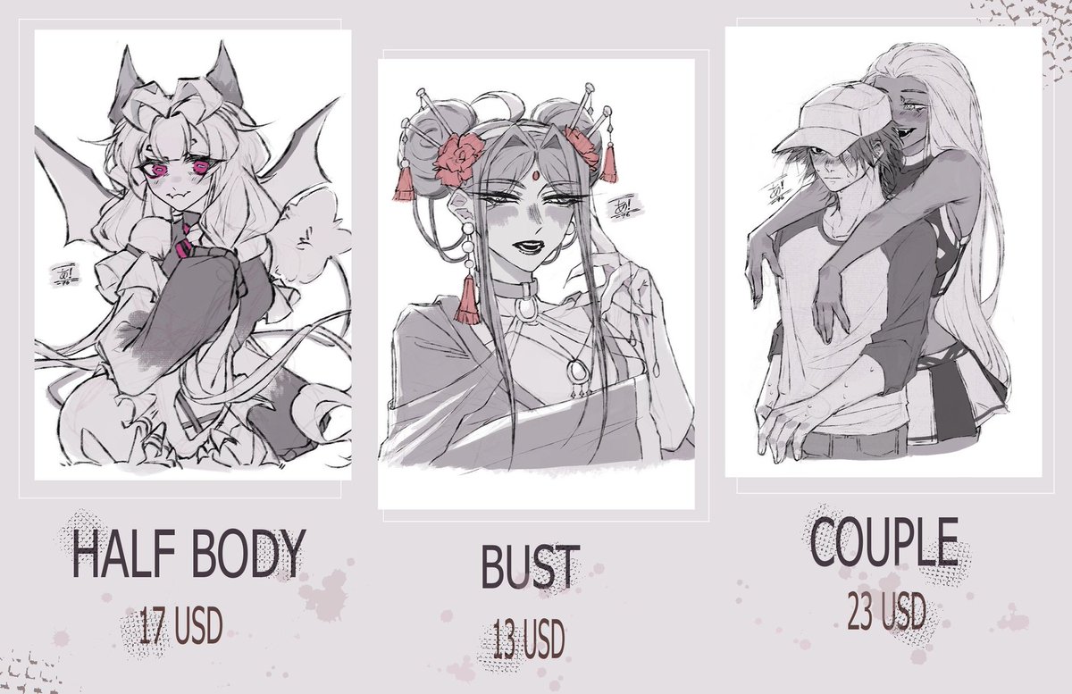 RAlgcher's tweet photo. [ OPEN COMMISSIONS 💟 ]

 - They will only be half body or bust (not full body at the moment)
 - Only in the styles shown 💟
 - Payment via Paypal ✨
 - Delivery is by Gmail in PNG format
 - I ask for patience since I am studying and I also work 💟 https://t.co/szU7cPC4Es