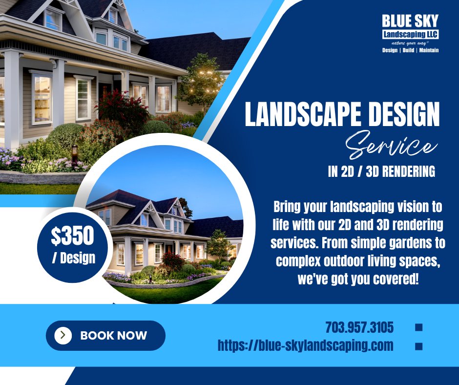 Not sure where to start with your landscaping project? Our 2D and 3D rendering services help you visualize the possibilities and make informed decisions. 

Contact us at 703.957.3105
blue-skylandscaping.com/landscape-desi…

#BlueSkyLandscaping #LandscapeDesign #2DRendering #3DRendering