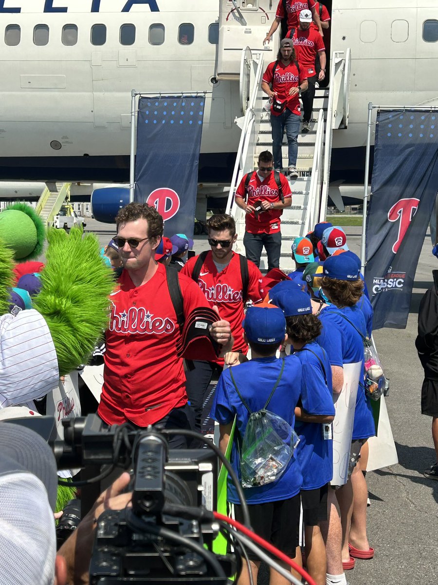 Paul_CasellaMLB's tweet photo. The Phillies have landed in Williamsport — and Bryce Harper, Kyle Schwarber and Rhys Hoskins were among those who rode over to the Little League Complex with some of the kids from the Ohio and Czech Republic teams. https://t.co/X4cv9MdFMt