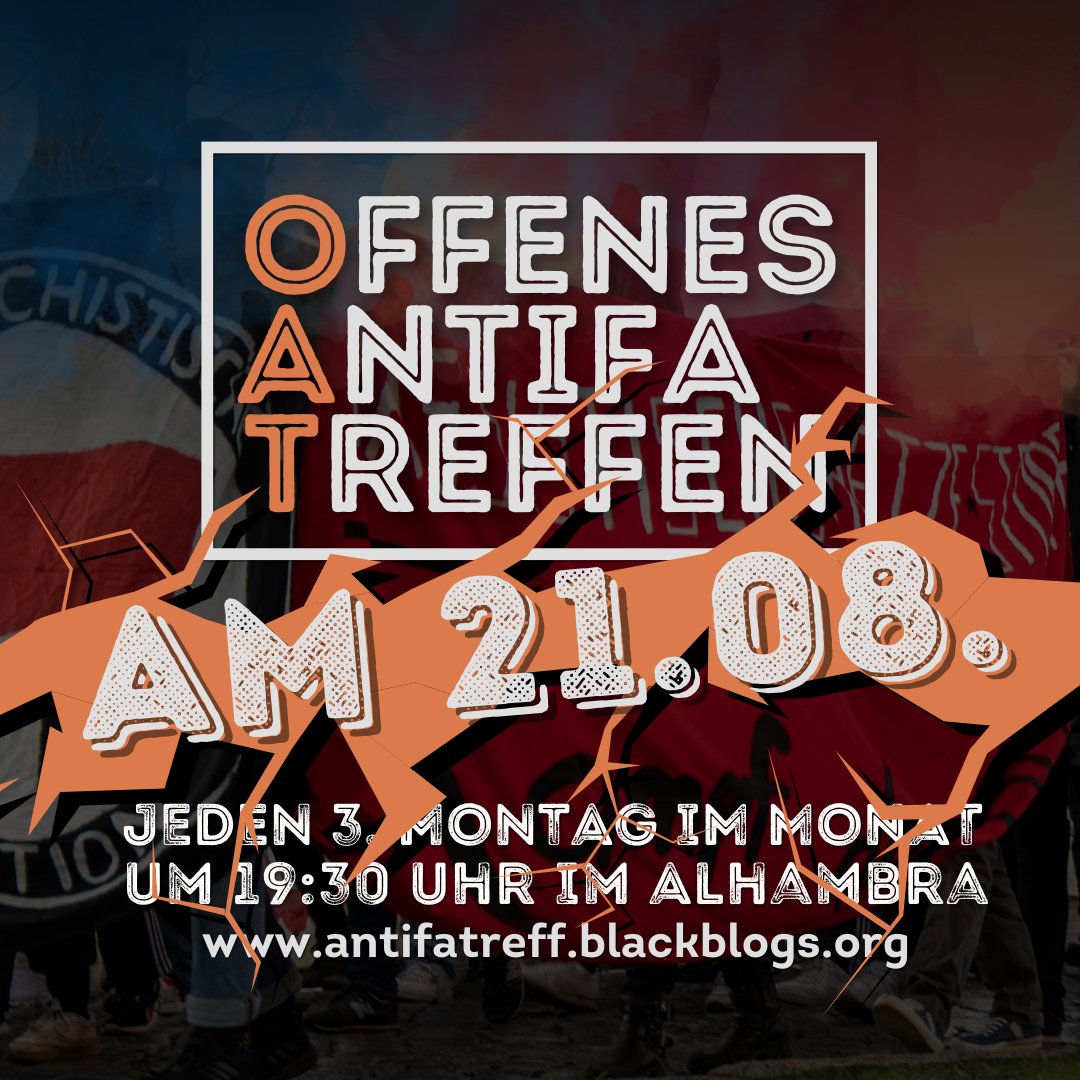alhambra_ol's tweet photo. Offener antifaschistischer Treff (OAT)
Jeden 3. Montag im Monat findet der offene #antifa|schistischer Treff ab 19:30 Uhr statt.
Also kommt rum, bringt eure Themen und Genoss*innen mit!
#Alhambra #Oldenburg #OAT https://t.co/bO7S0NiYAk