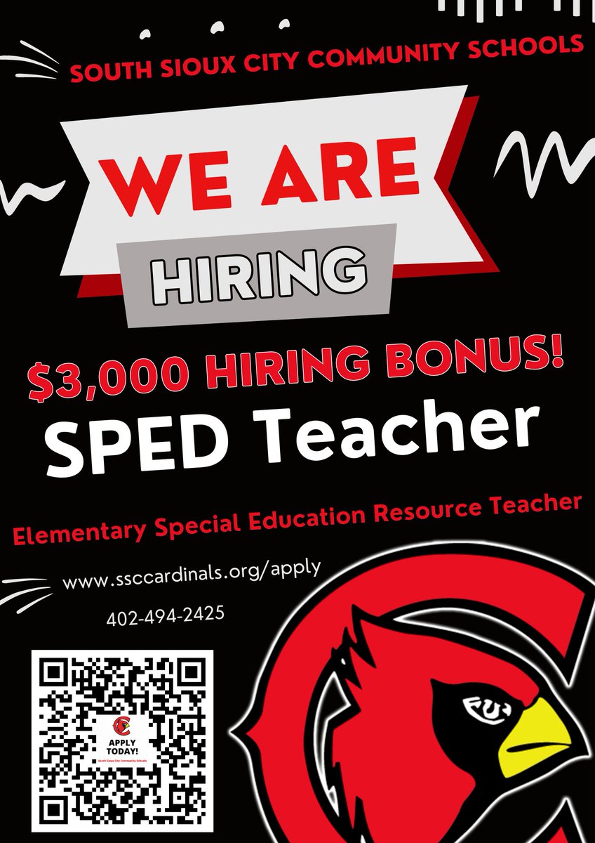 SSCcardinalNews's tweet photo. Come work with us!  South Sioux City Community School District is a small, progressive district that offers many big district opportunities!  #WeAreSSC #CardPride #GoCards #sscCARDS
https://t.co/XUWYBWJWdO https://t.co/NhtCZL89Qc