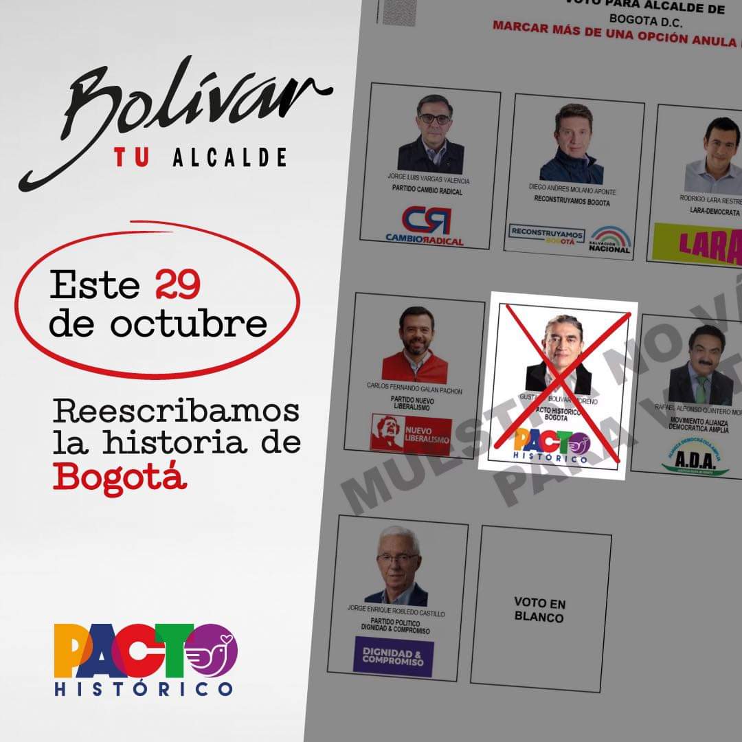 Elflaco0913's tweet photo. #Bogotá tiene la oportunidad de reescribir su historia, hacia el #Cambio o continuar como los últimos 8 años siendo un barco a la deriva.

Por eso este 29 de Octubre vote #PactoHistórico @PactoCol a la alcaldía de @Bogota con @GustavoBolivar, @ConcejoDeBogota y lista JAL locales.

#BolivarTuAlcalde