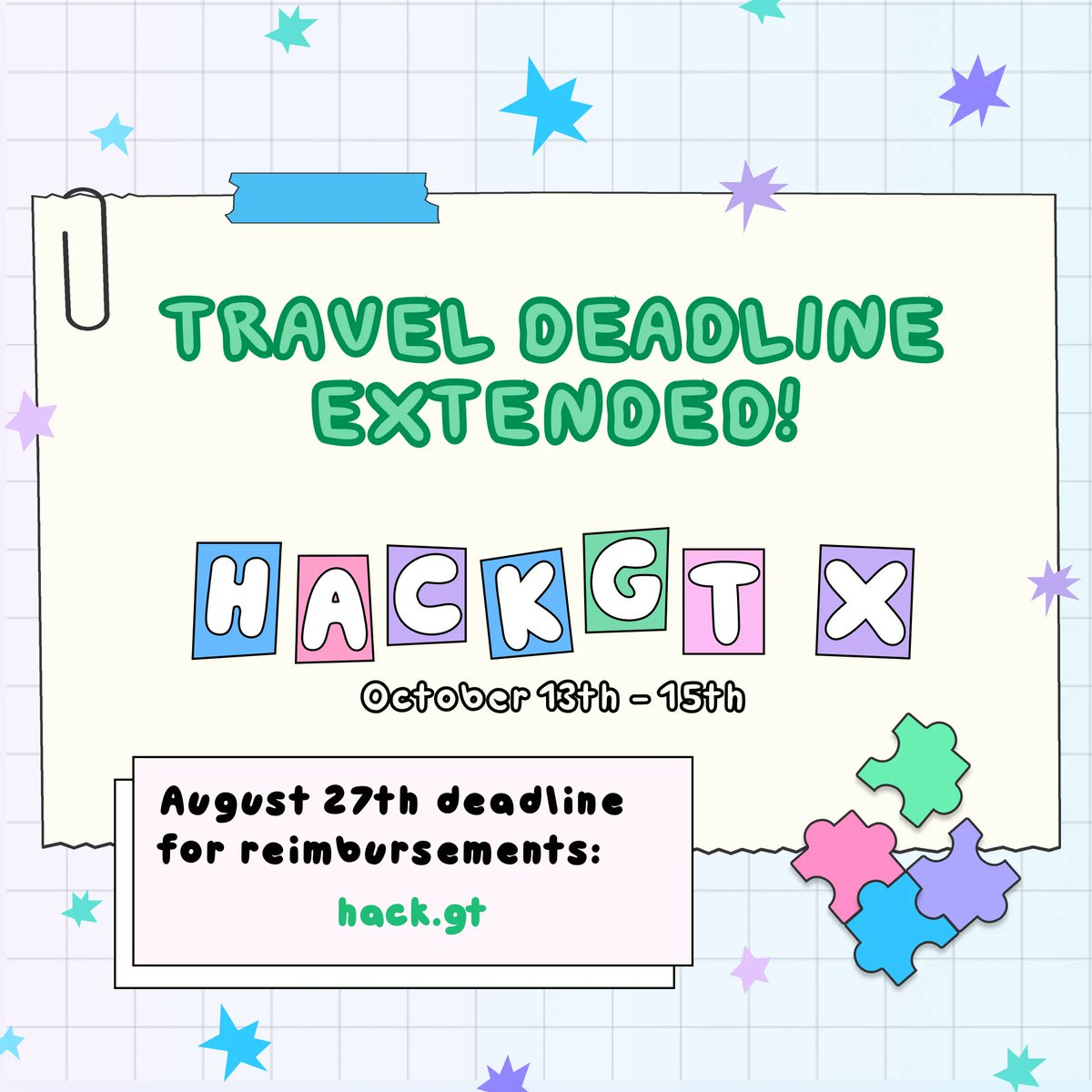 TheHexLabs's tweet photo. TRAVEL DEADLINE EXTENDED TO AUG 27th, HackGT is bussing 🚌 and providing travel reimbursements (gas + flight)! Our team will release a finalized list of bussing schools soon. Read more about eligibility in our packet and make sure to apply before August 27th to indicate interest! https://t.co/hTUAKXAcYV