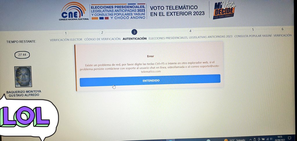 GusBaqMon's tweet photo. @cnegobec @DianaAtamaint faltando 3 minutos para que termine el proceso acá en el exterior, logro entrar y me sale  error. #EstoNoPuedeSer #EleccionesAnticipadas2023Ec #VotoTelematicoEnElExterior es un fracaso #AsiVamos más transparencia #MigranteLevantaTuVoz https://t.co/LigSu7ghwE