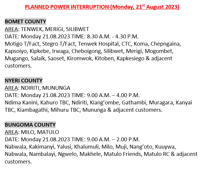 KenyaPower_Care's tweet photo. Hello, these areas will be affected by scheduled power interruptions tomorrow: ^BT https://t.co/Nok6FNB7AH
