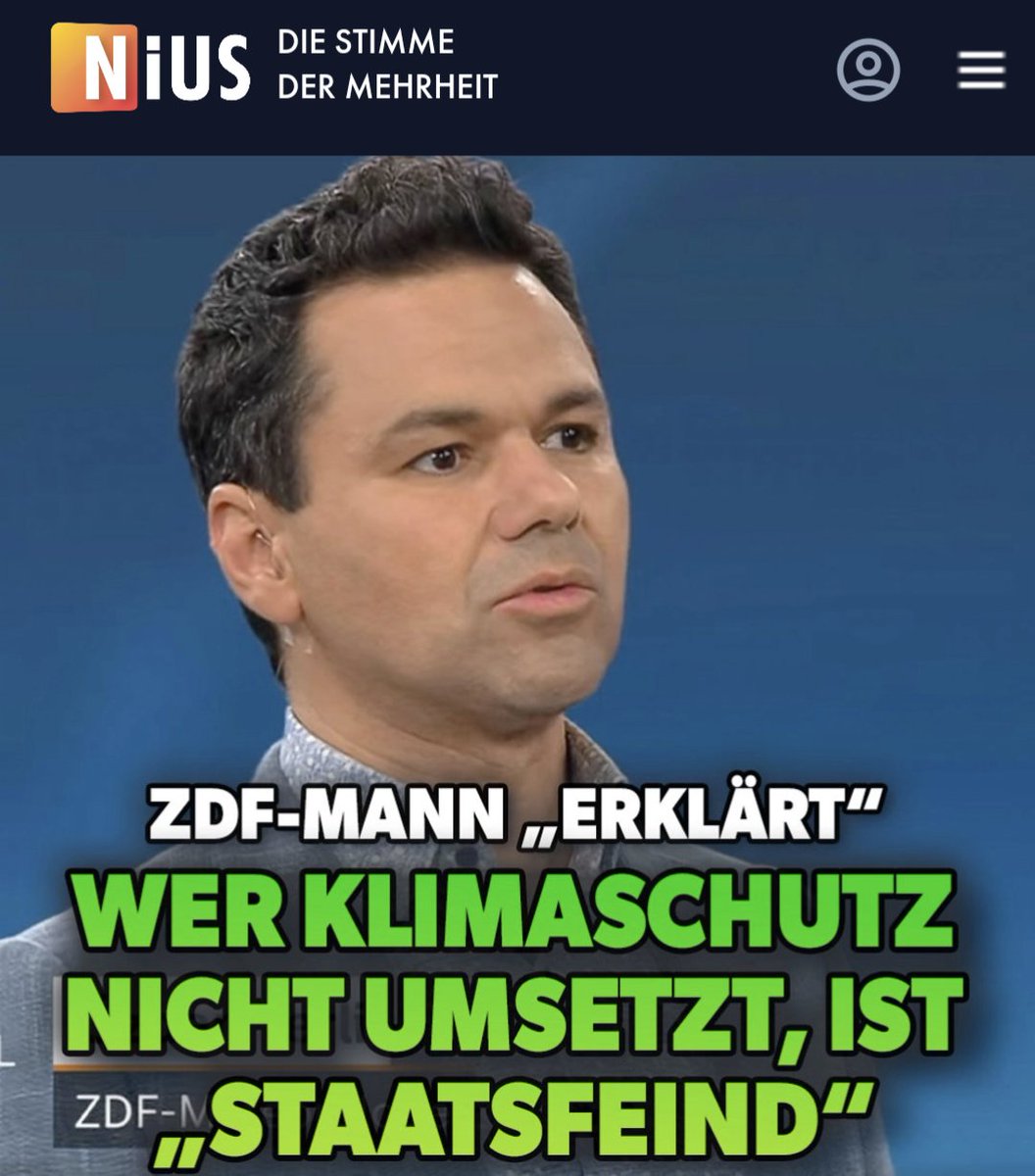 Wer sich nicht brav am Klimaschutz beteiligt, gilt beim ZDF jetzt als "Staatsfeind". Diese Rhetorik ist erschreckend, dieses zwangsfinanzierte Gedankengut ist demokratiefeindlich. nius.de/Medien/zdf-man…