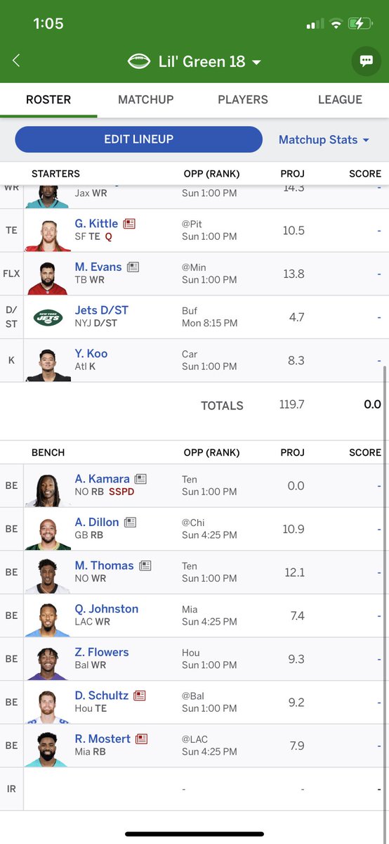 TheBujJob's tweet photo. Here is my 10min ppr fantasy team. Had 9th pick. Either winning the league or finishing dead last - let me know your thoughts. #aaronarmy #rodgersrealm https://t.co/LnQaL0mBEE