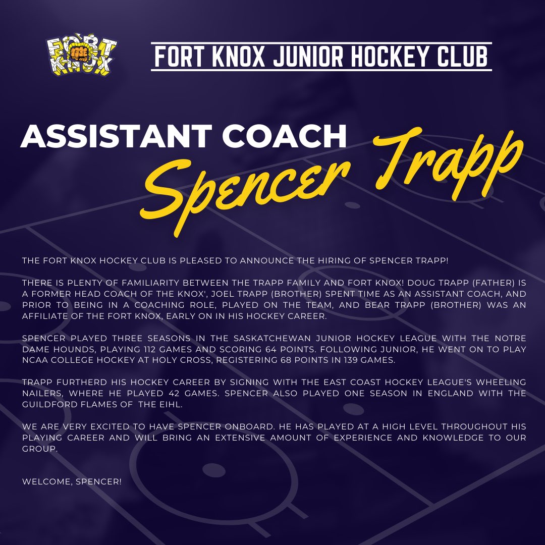 FortKnoxPJHL's tweet photo. We are pleased to announce the hiring of Assistant Coach, Spencer Trapp! https://t.co/mlfs0M0IQr