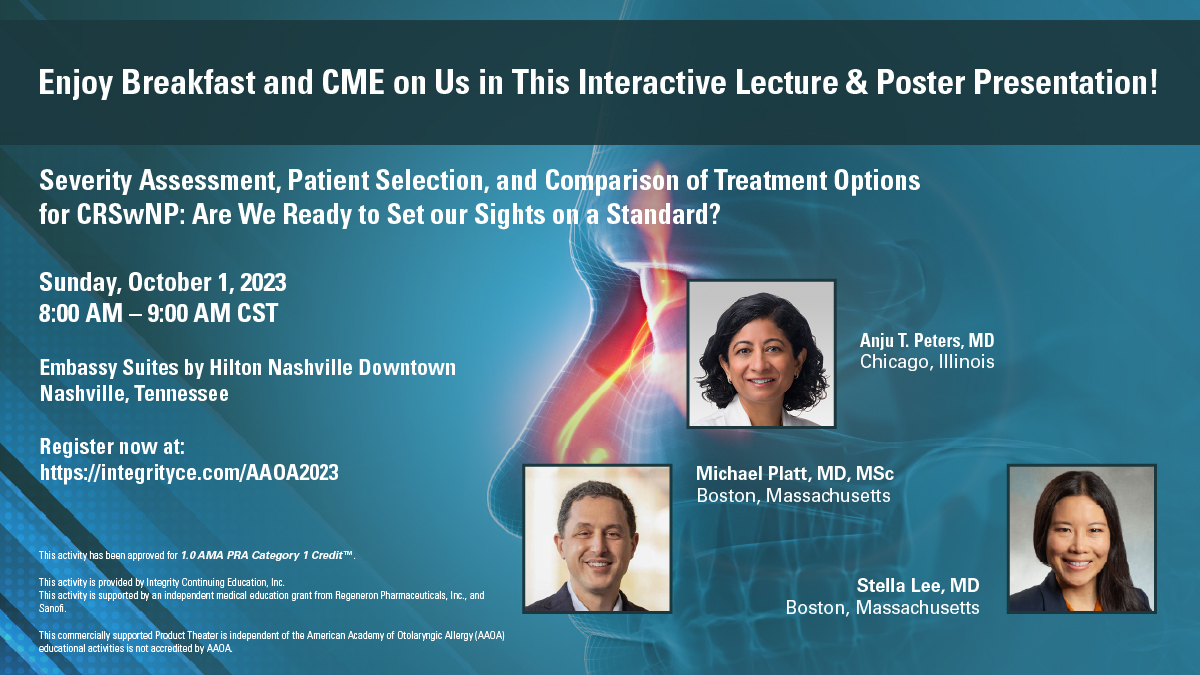 Integrity CE, LLC (@integrityce) on Twitter photo 🗓️ Attending #2023AnnualAAOA?
Join Dr. Peters, <a href="/DrStellaLee/">Stella Lee</a>, & Dr. Platt for breakfast 🍽️ & #CME 📝 in this interactive #CRSwNP lecture & poster presentation❗️
Secure your spot 👉 bit.ly/3DVb2jq
#Otolaryngology #MedEd #MedTwitter 🗓️ Attending #2023AnnualAAOA?
Join Dr. Peters, <a href="/DrStellaLee/">Stella Lee</a>, & Dr. Platt for breakfast 🍽️ & #CME 📝 in this interactive #CRSwNP lecture & poster presentation❗️
Secure your spot 👉 bit.ly/3DVb2jq
#Otolaryngology #MedEd #MedTwitter
