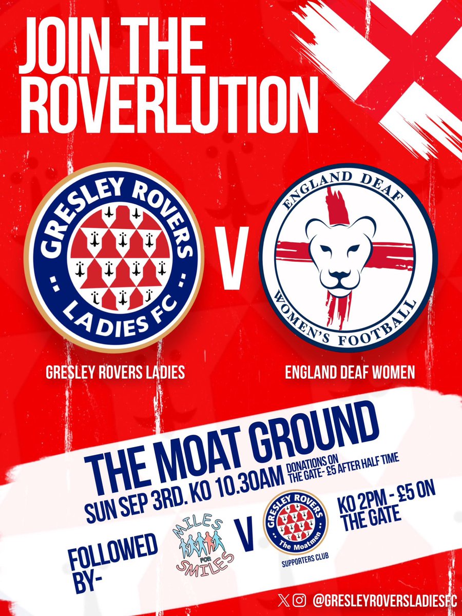 Our very own Gresley Rovers Ladies 1st team will be playing against the England Deaf Football women’s team in there last preparation game before they fly of to Malaysia for the World Cup. Then a huge charity match with Miles for smiles vs our Gresley Rovers Supporters Club.
