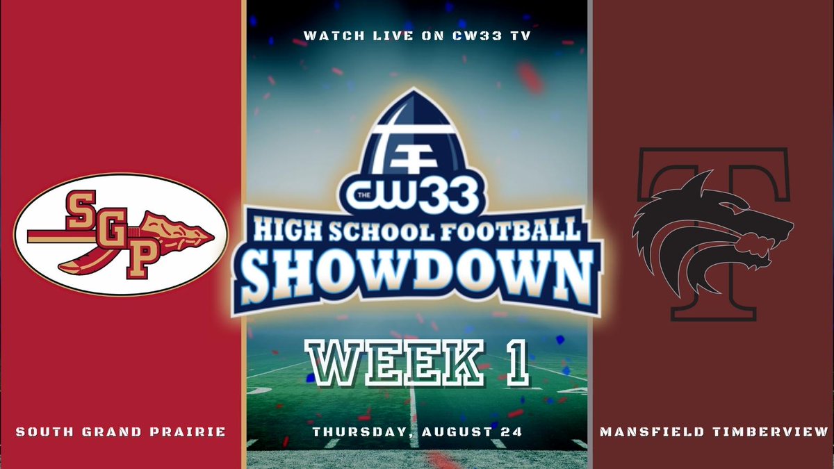 mycoskie's tweet photo. #TXHSFB 𝗪𝗘𝗘𝗞 𝟭 𝗛𝗔𝗦 𝗔𝗥𝗥𝗜𝗩𝗘𝗗 🏈

CW33 High School Football Showdown crew is headed to...

🔴 @SGPNation vs.
🐺 @TViewWolves 
🕖 7 pm Thursday

Watch LIVE on @CW33 TV in DFW! @pxpdoug &amp; @LaDarrin_McLane in the broadcast booth, yours truly roaming the steamy sidelines. https://t.co/PloZeenAb0