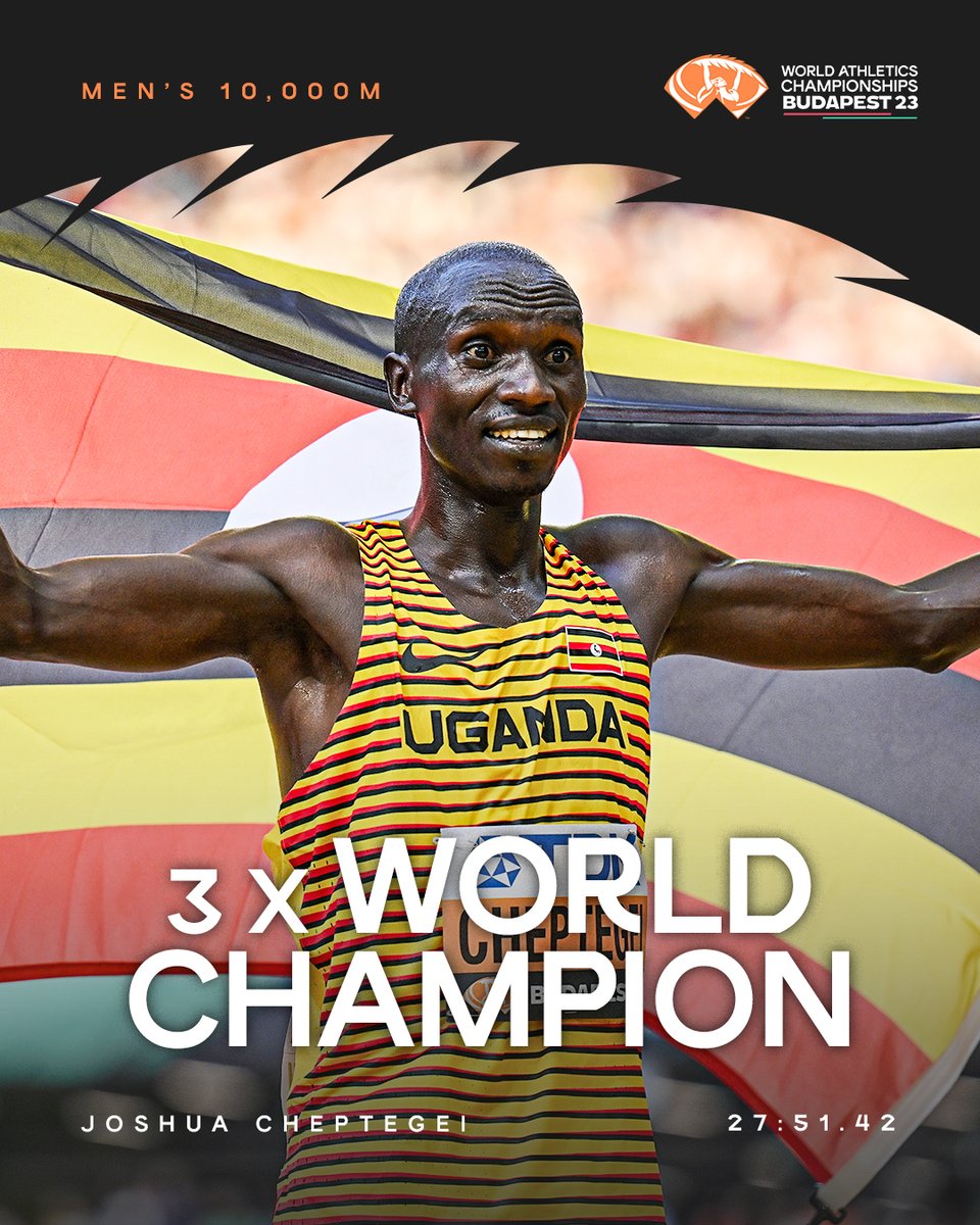 3️⃣ in a row 🔥 🇺🇬's @joshuacheptege1 wins his third consecutive 10,000m #WorldAthleticsChamps gold medal after a dominant display of power in the final stages 💥 27:51.42 for the win 👏