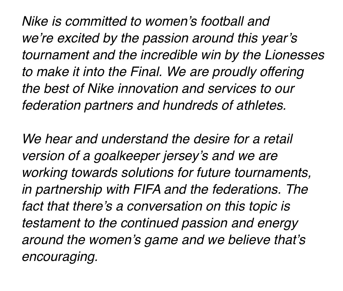 Mary Earps won the Golden Glove yet Nike wouldn’t sell her shirt. Today they’ve issued this further statement
