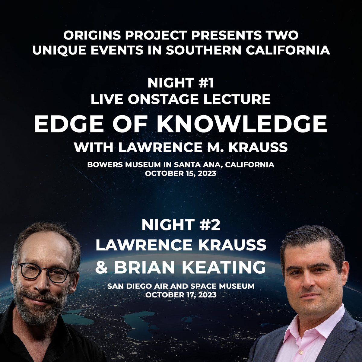 We are excited to announce two unique, in-person events in Southern California! @LKrauss1 will be giving a live lecture on Oct 15 in Orange County and will be joined by @DrBrianKeating on Oct 17th in San Diego. Tickets are on sale now! originsproject.org/night-at-the-m…