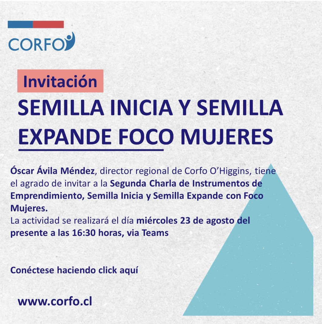 Te invitamos a participar de las Charlas Semilla Inicia y Semilla Expande, Foco Mujeres. Realizaremos este 23 de agosto    2 charlas; a las 15:30 y 16:30 horas. Links de conexión 
23 de agosto 15:30 horas 
s.itoeste.com/af9lv
23 de agosto 16:30 horas 
s.itoeste.com/aHuD9