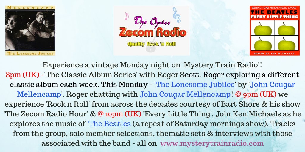 MTrainRadio's tweet photo. 21/08 - 8PM UK - #RogerScott talks to @johnmellencamp about 'The Lonesome Jubilee'!
9PM - @BartShore airs a new track from a @fleetwoodmac live LP just released, @GeorgeHarrison + more.
10PM - Hear demo recordings of #Beatles & @johnlennon songs.
https://t.co/yCQY94YJtm https://t.co/2xg9w0ihYw