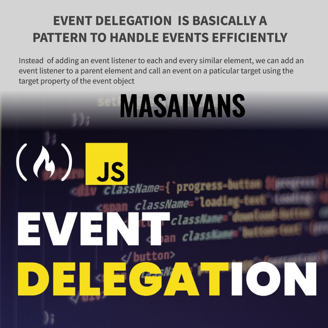 masaiyans's tweet image. EVENT DELEGATION
#EventDelegation #JavaScriptEvents #DOMEventHandling #EventBubbling #EventPropagation #EfficientEventHandling #DelegatedEvents #EventHandlingPattern #EventDelegationStrategy