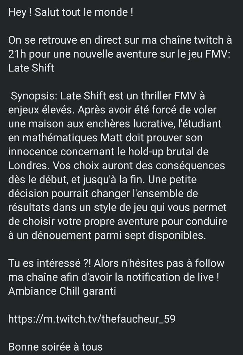 Rendez vous à 21h00 sur ma chaîne twitch

m.twitch.tv/thefaucheur_59

#lateshift #streamer #frenchplayer #twitch #twitchstreamer #twitchfr