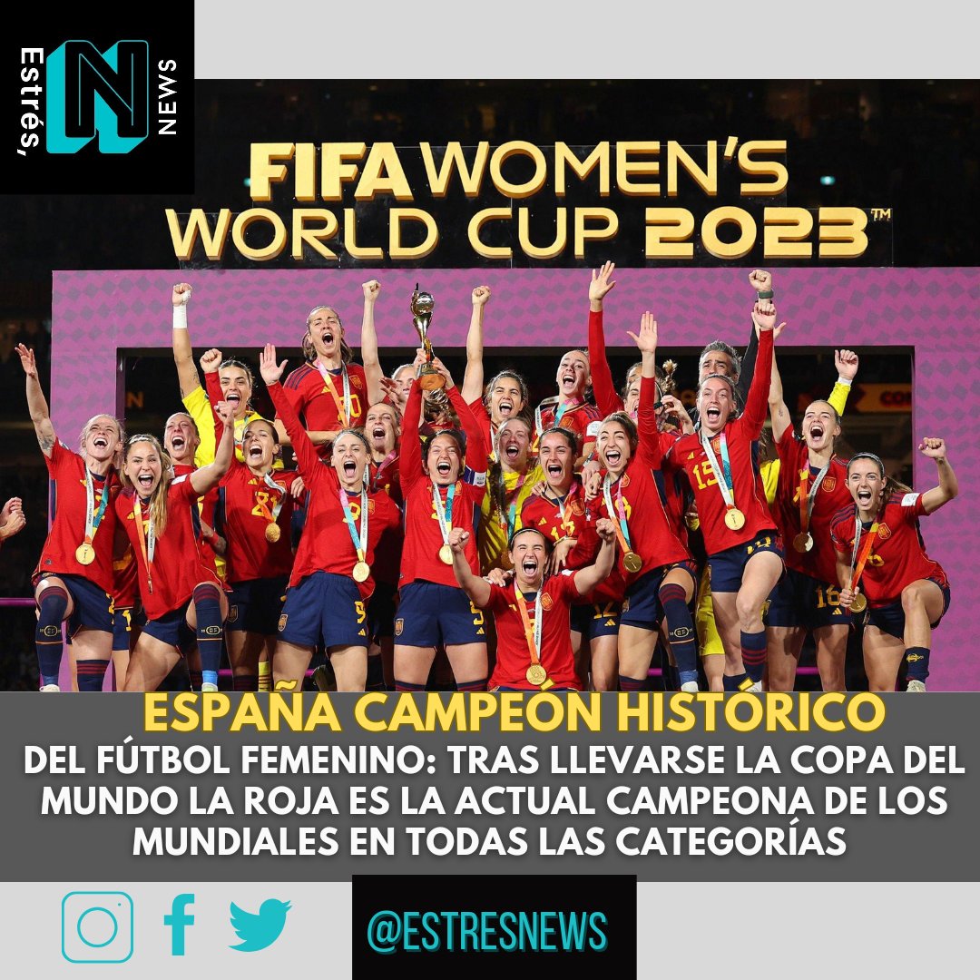 EstresNews's tweet photo. Histórico| 🇪🇦 España Campeón 🏆⭐
🔺Nunca había ganado un Mundial Femenino 
🔺Hoy la roja se convierte en la actual campeona absoluta de todas las categorías sub 17, sub 20 y categoría de mayores. Salma la tres veces campeona. 
#actualidad #Deportes #MundialdeFutbol2023 #Revista https://t.co/ROA8QbYSvj