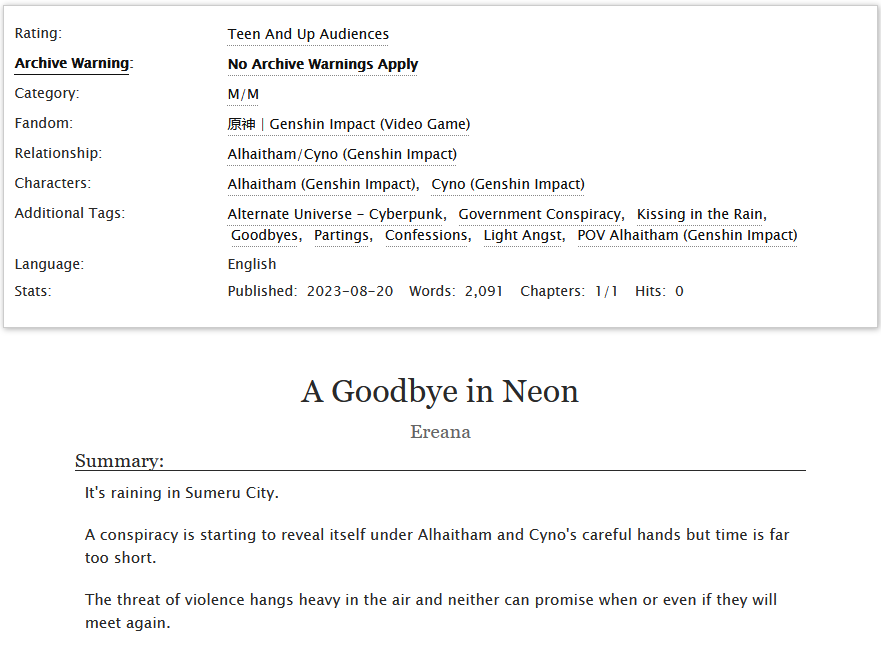 EreanaB93's tweet photo. My gift fic for @ma_michigo for #CyhainoGratitudeDay!

A Goodbye in Neon

Rated T - 2k - Cyberpunk AU &amp; Partings

Link below https://t.co/uu3OwjS42O