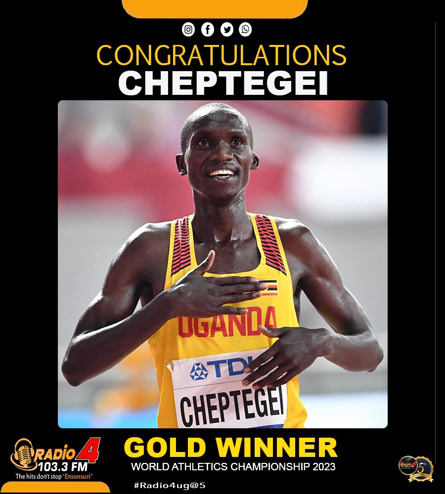 Radio4UG's tweet photo. Stand up for the champion!

With Just a time of 27:51:42, @joshuacheptege1 is World Champion for the 3rd consecutive time in the 10,000m race. 

Congratulations, @joshuacheptege1 🎉

#budapest2023 | #442SportsUpdate | #Radio4UG https://t.co/ahAHTmesac