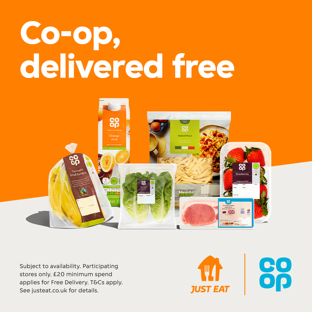 Spend £20 and get your <a href="/coopuk/">Co-op</a> faves and things you crave, delivered free with Just Eat. Fairtrade bananas? Fresh pasta? Done and done 🍌🍝 coop.uk/3DURj3D