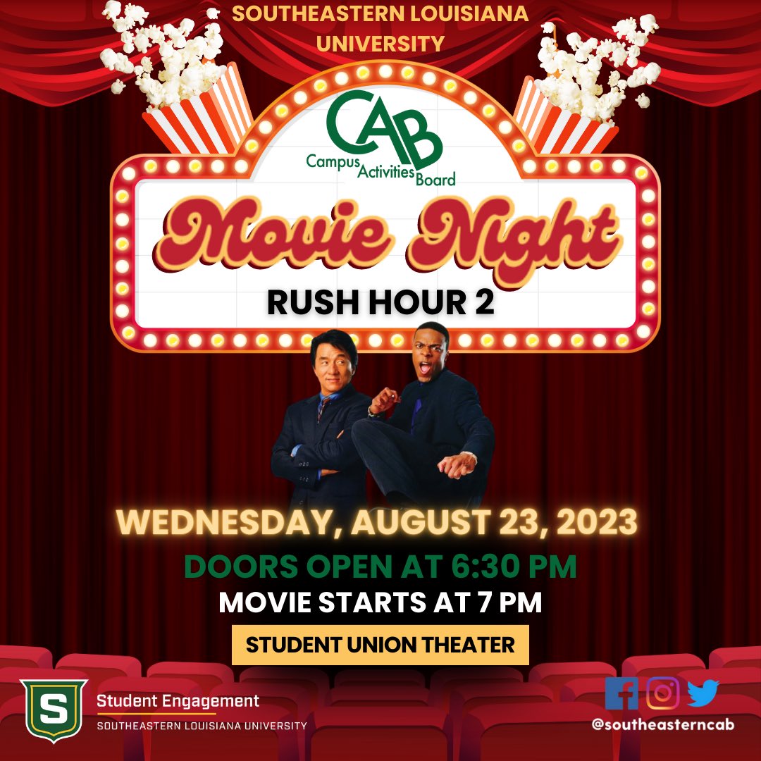 Hey lions! Campus Activities Board invites you to the first movie night of the semester!🎬 We’ll be watching Rush Hour 2 on Wednesday, August 23rd! Doors open at 6:30pm! Popcorn will be served!🍿 See you there!💚
