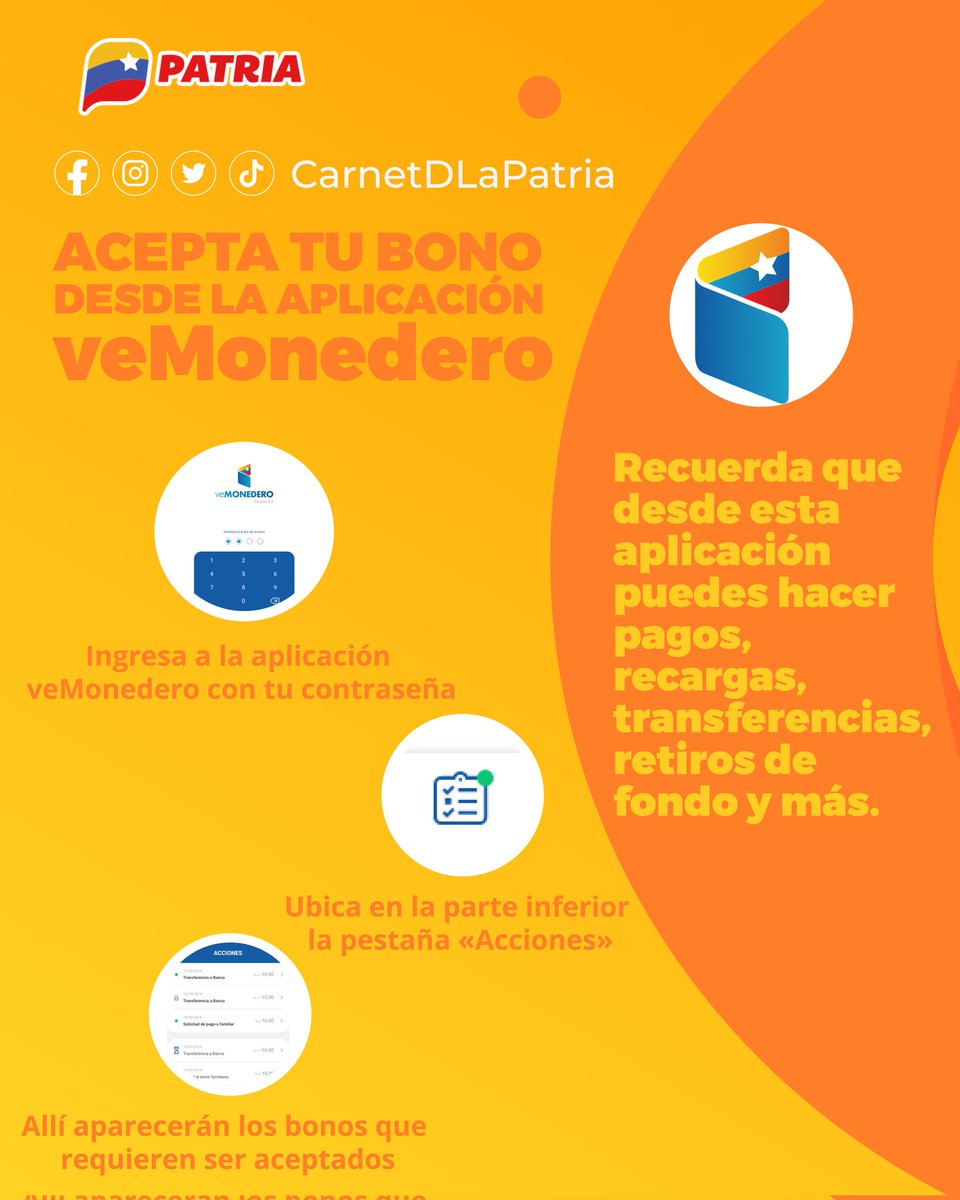 #Entérate|| ¡Acepta tu #Bono desde la aplicación VeMonedero!
El #SistemaPatria te recuerda que, desde esta aplicación puedes hacer pagos, recargas, transferencias, retiros de fondo y más.

#EstaEsNuestraCultura #20Ago