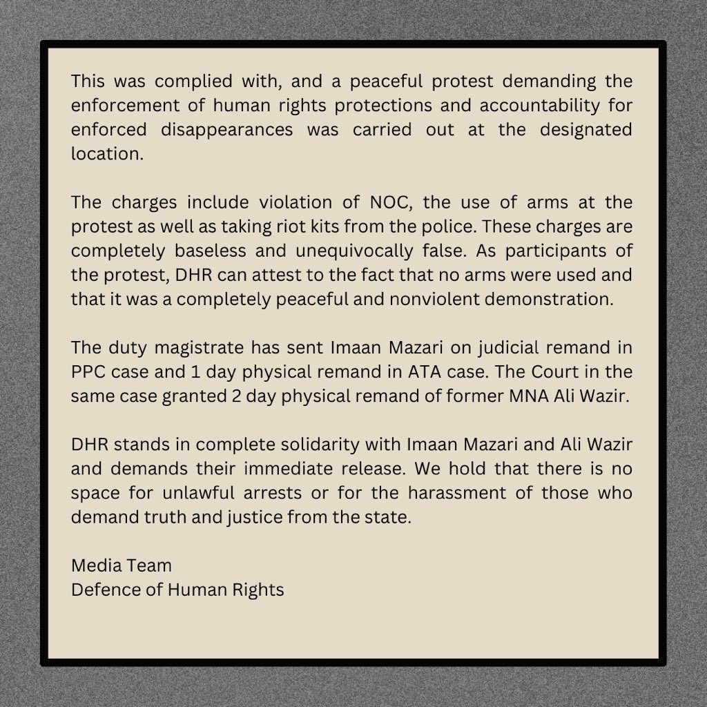 dohrpk's tweet photo. Statement 🚨

DHR strongly condemns &amp; demands immediate release of both Advocate Imaan Mazari &amp; former MNA Ali Wazir. 

#ReleaseAliWazir #ReleaseImaanMazari https://t.co/owZVwmNLa4