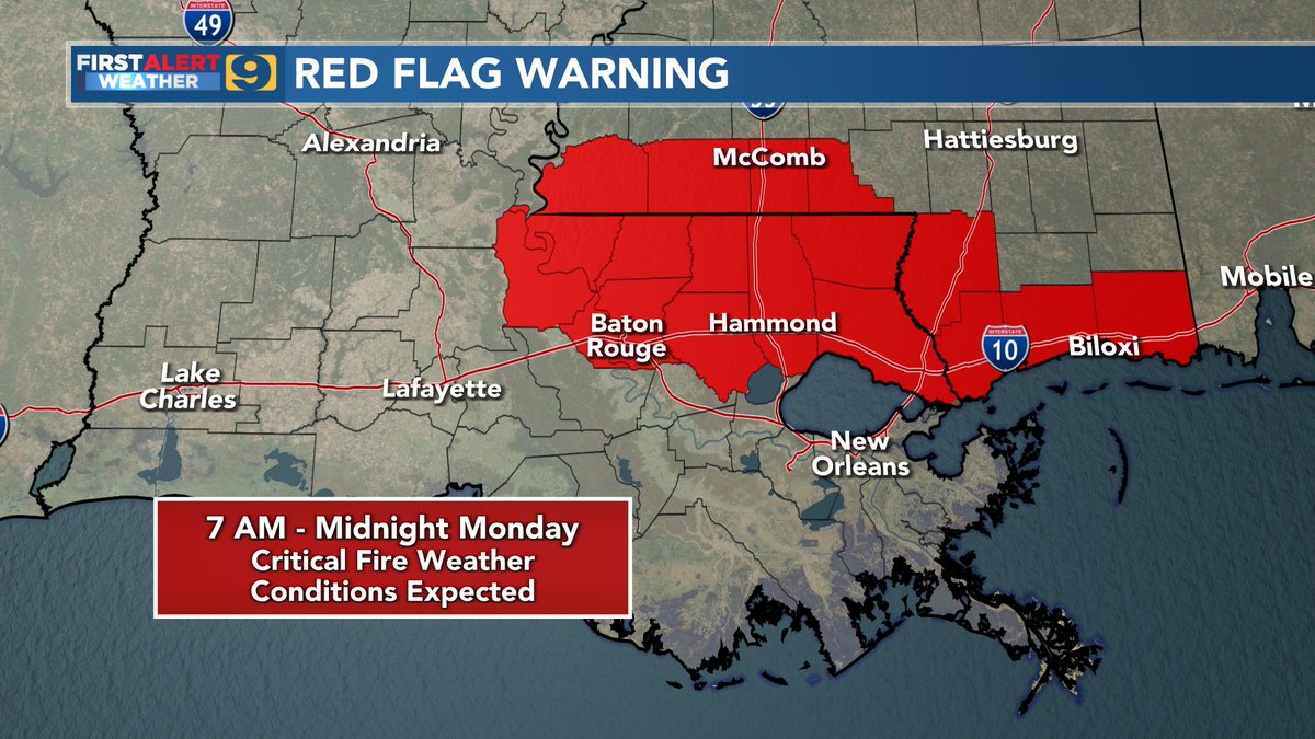 SteveWAFB's tweet photo. We certainly don't get these very often but a Red Flag Warning has been posted for parts of our area, including metro Baton Rouge, on Monday.

Continued dry weather + increasing winds associated w/ the Gulf disturbance will enhance the fire potential. #LAwx https://t.co/HlZx1RumhD