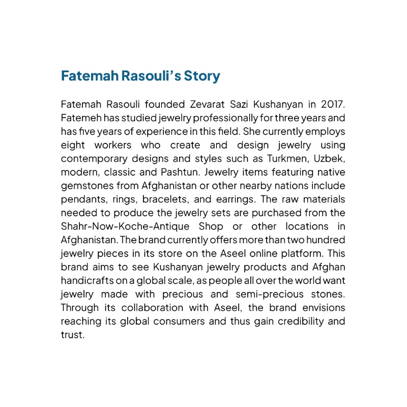 ASEELApp's tweet photo. Born from a passion for Afghan artistry, Kushanian Jewelry, founded by Fatemah Rasouli in 2017, crafts jewelry that captures the nature of tradition. Read more and visit Fatemah's Shop Now: https://t.co/6Q1Zg6REf0

#art #support #Afghanistan #handmade #buygood